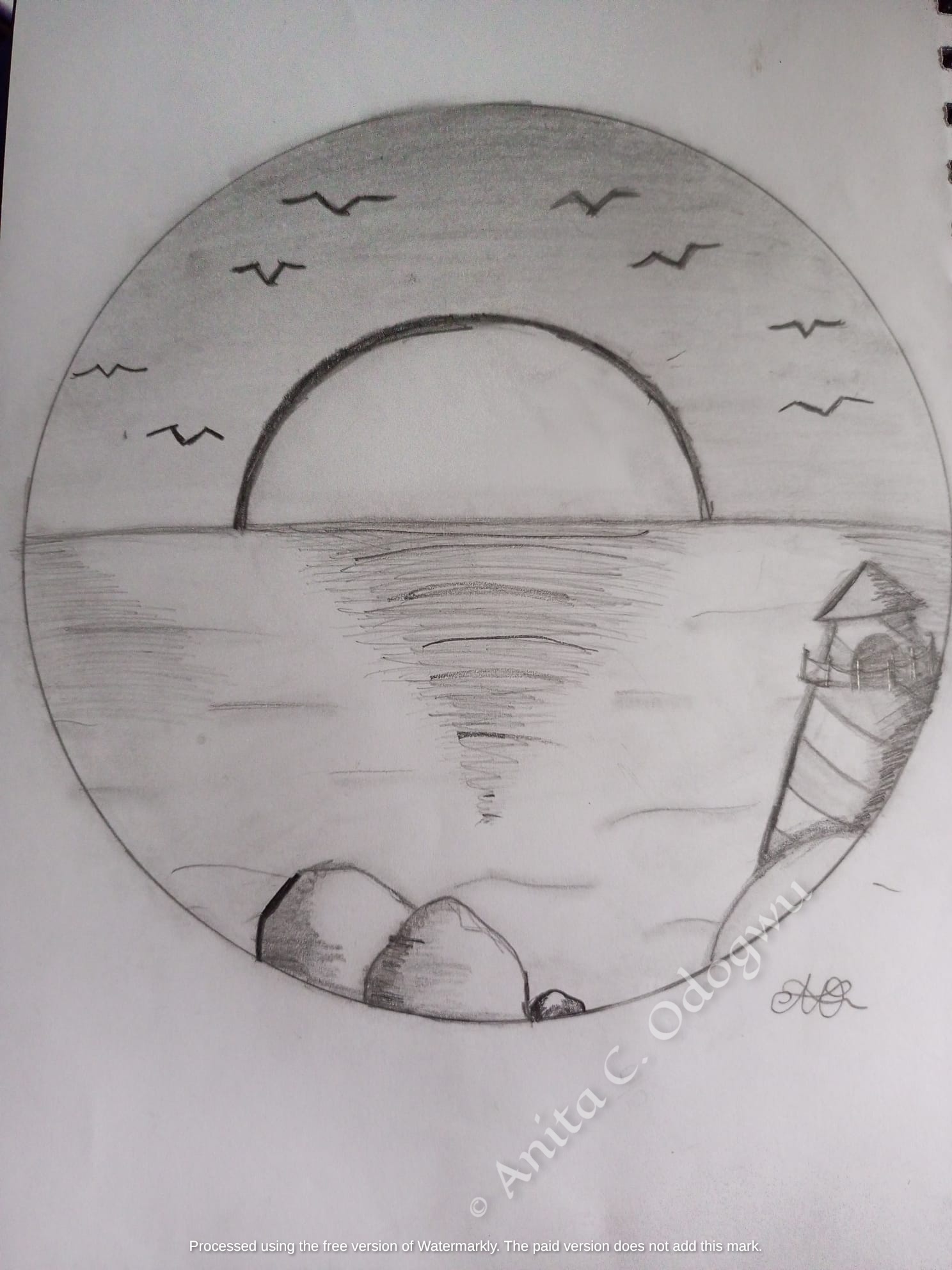 Circular coastal landscape pencil study capturing a tranquil sunset and water reflections by Anita C. Odogwu